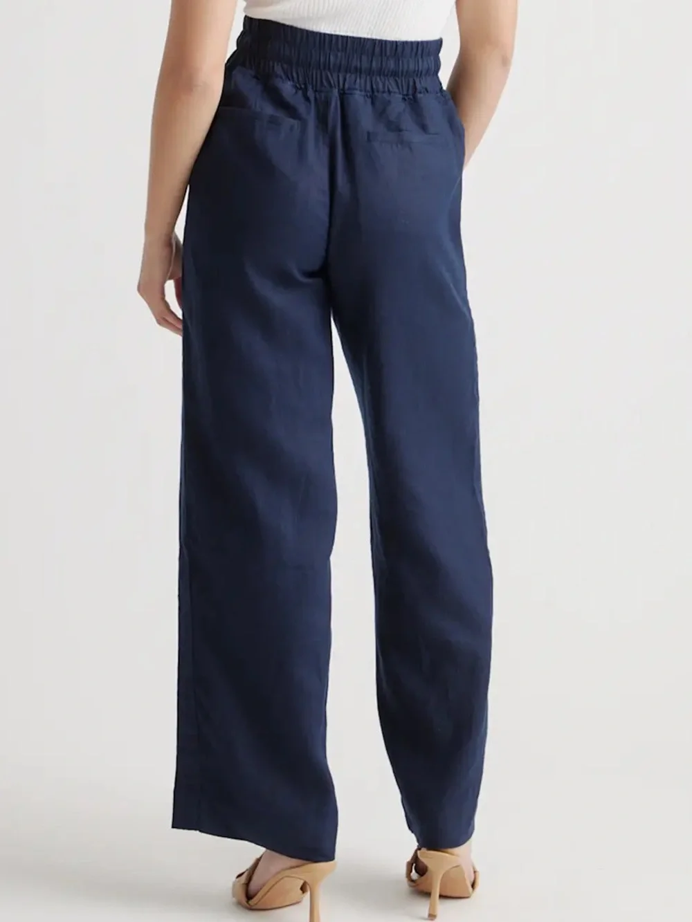 Quince 100% European Linen Wide Leg Pants Blue Relaxed Trousers Large Drawstring